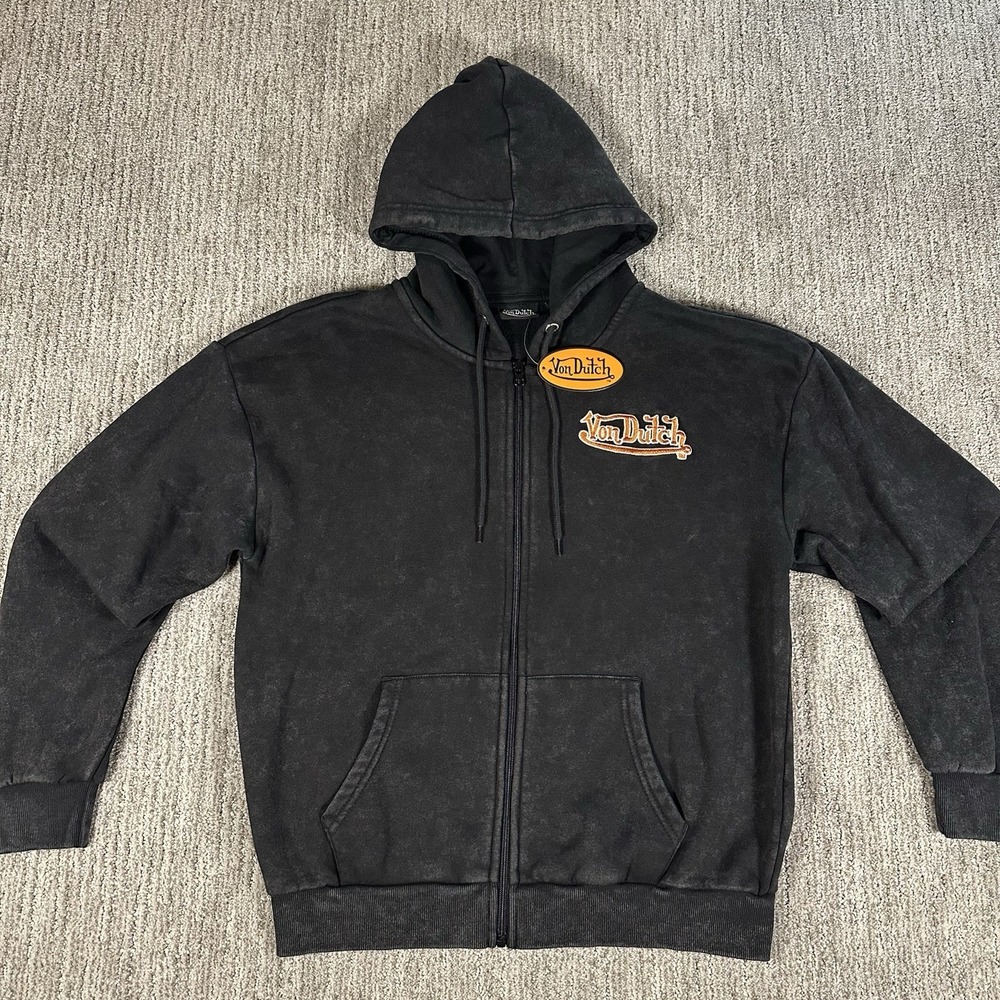Von Dutch Sweatshirt Mens Sz S Full Zip‎ Embroidered Logo Oversized Black Hoodie